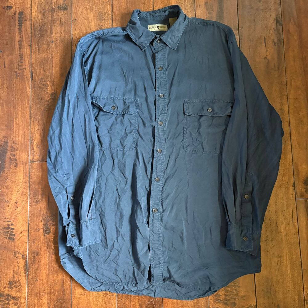 Vintage Robert Stock 100% Silk Shirt Mens L Navy Blue Long Sleeve Collared